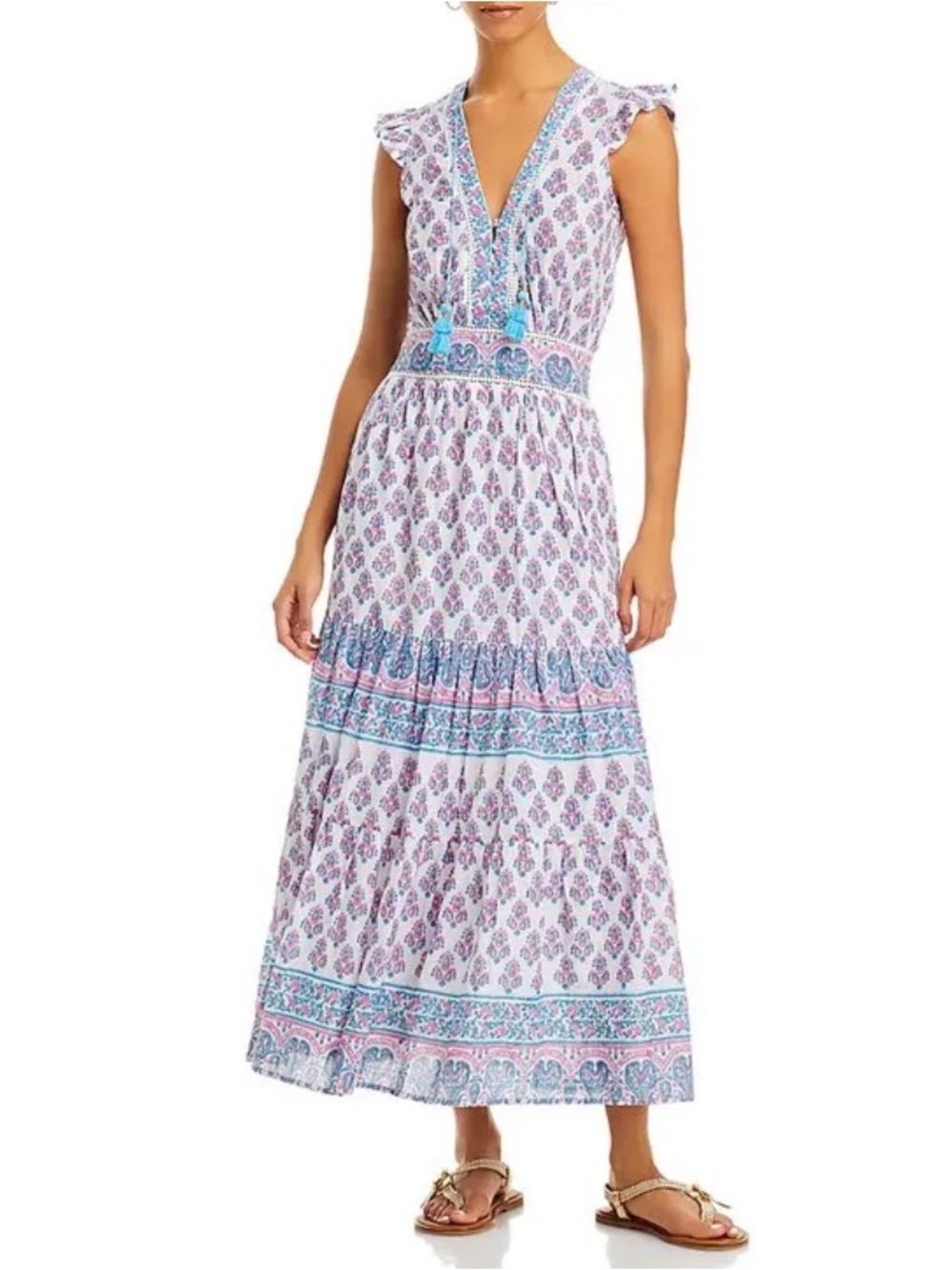 Bell by Alicia Bell Annabelle ruffle tiered floral maxi dress pink blue XS